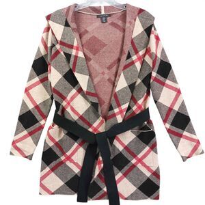 Tahari Hooded Cardigan XS Plaid Belted Coatigan Open Front Thick Soft Cozycore